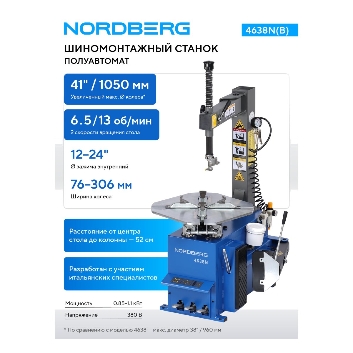Станок шиномонтажный полуавтомат, двухскоростной, 380 В, синий NORDBERG 4638N(B) 380